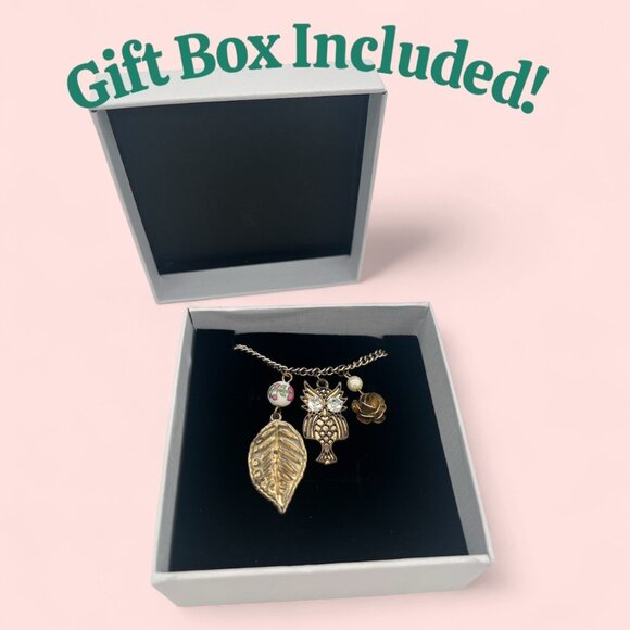 VTG Gold Tone Owl, leaf & Rose Charms Necklace & Chain Rhinestone Eyes 12" W/box - Picture 10 of 10